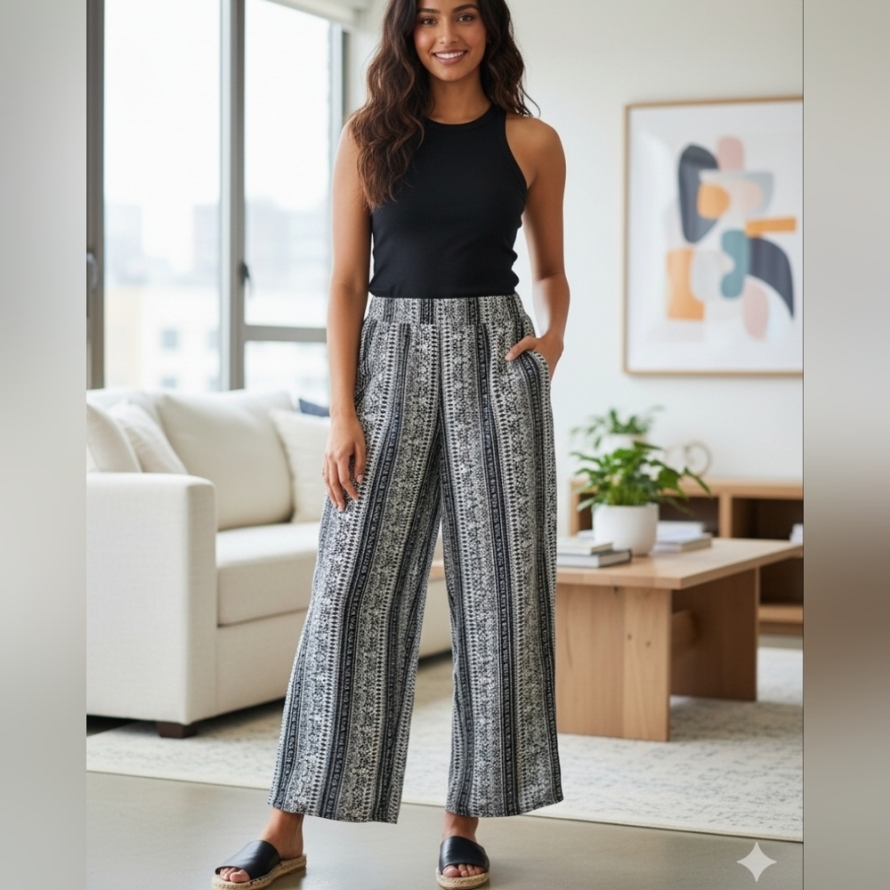 Mlle Gabrielle Wide Leg Pants Black And White Paisley Stripe Boho Print  Sz L/XL